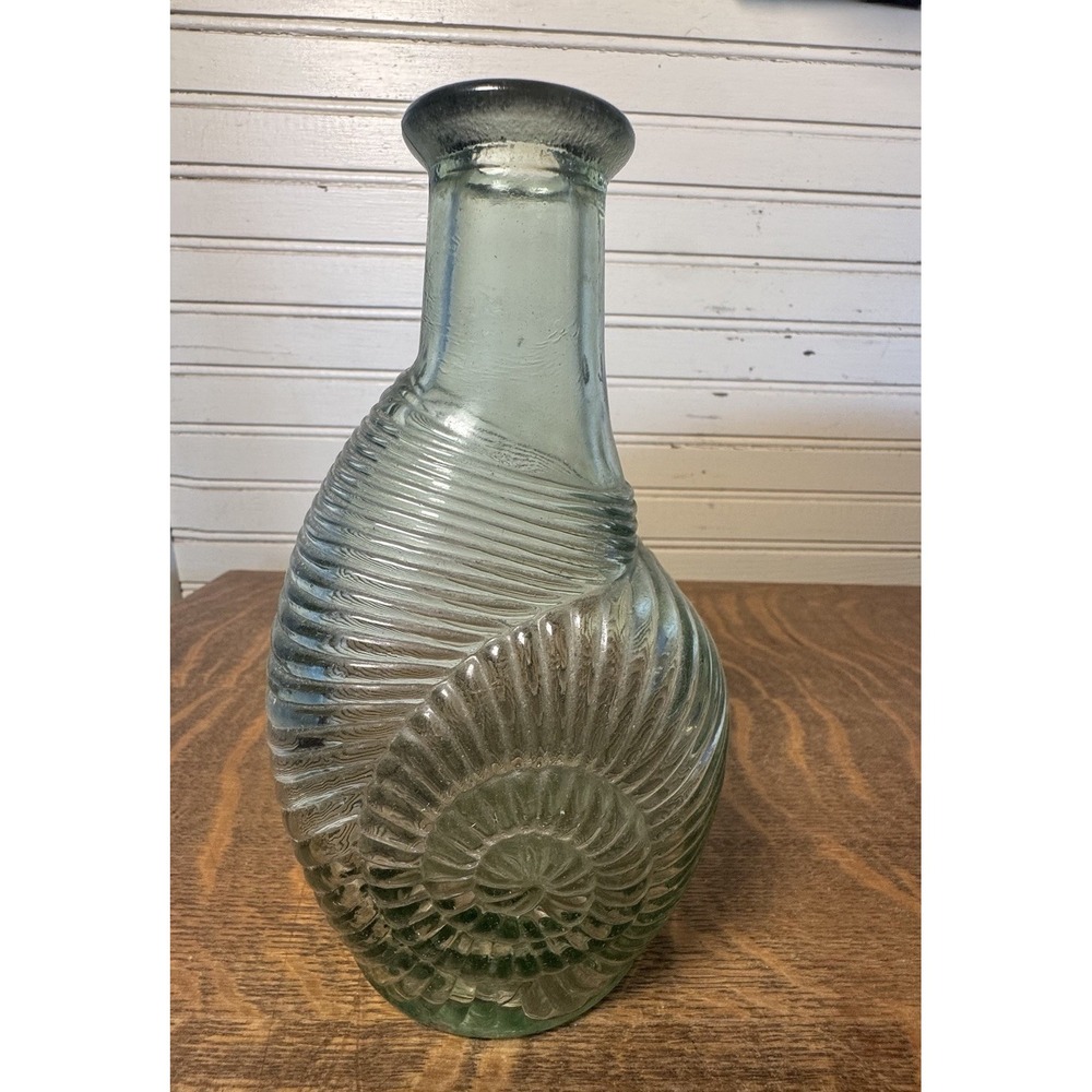 Vintage Nautilus Seashell Embossed Green Glass Vase Bottle 10" Coastal Decor